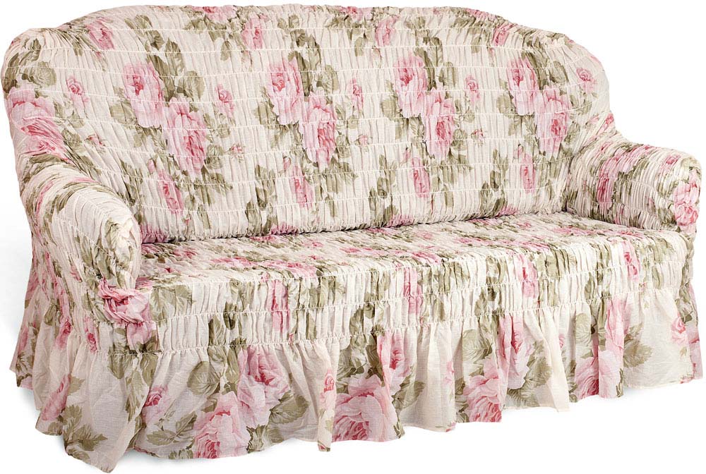 фото Чехол на 3-х местный диван Еврочехол "Фантазия", цвет: светло-зеленый, розовый, белый, 160-220 см