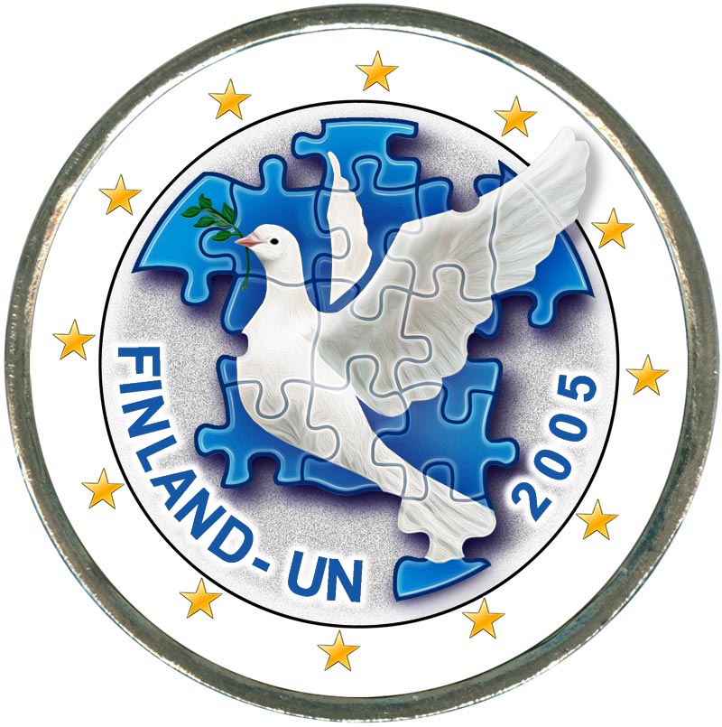 фото Монета номиналом 2 евро 2005 Финляндия, 60 лет образования ООН, 50 лет членства Финляндии в ООН (цветная)