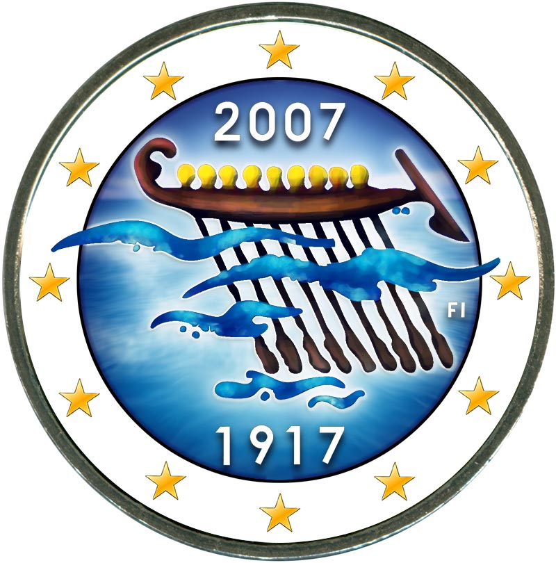 Монета номиналом 2 евро 2007 Финляндия, 90 лет независимости Финляндии (цветная)