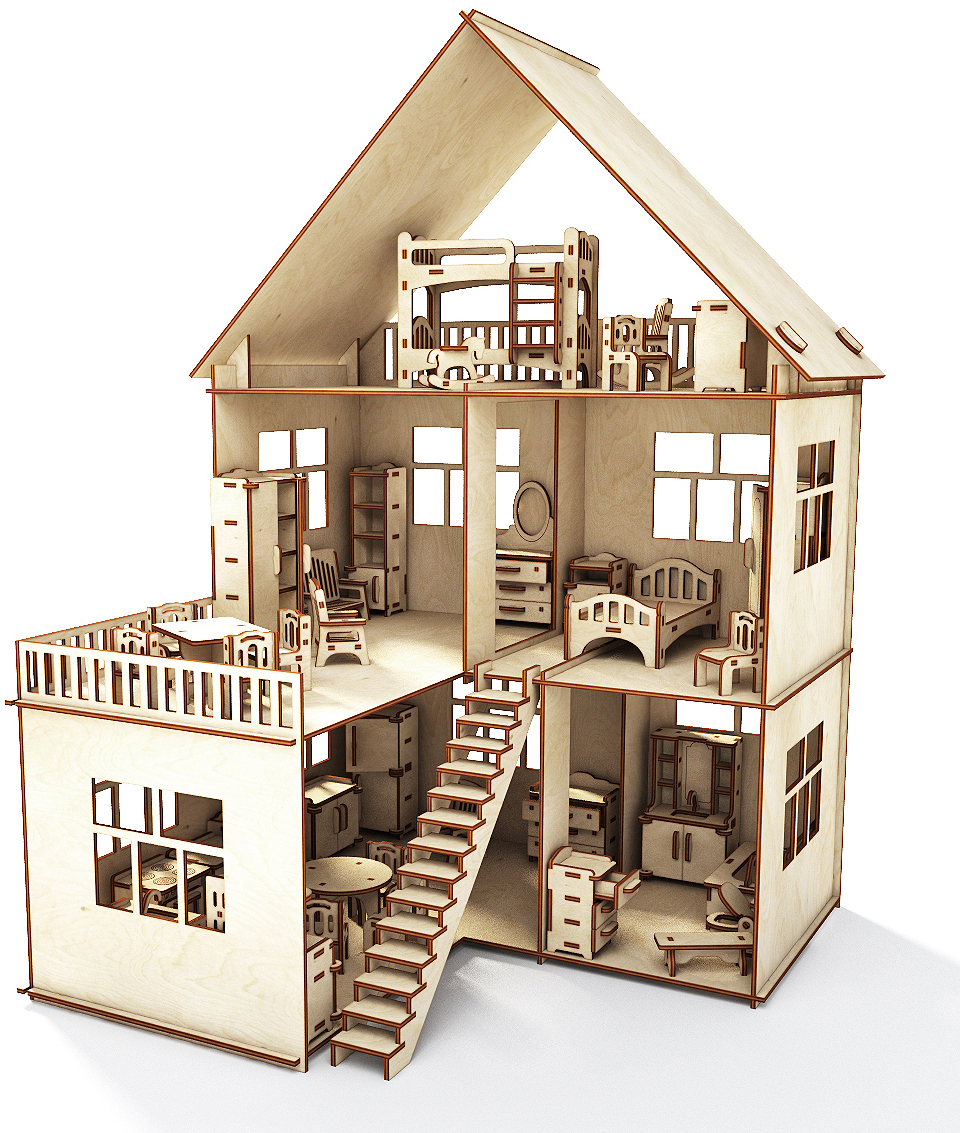 фото Дом для кукол ХэппиДом "Коттедж с пристройкой и мебелью" из дерева