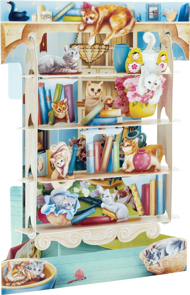 фото Объемная открытка Santoro "Коты на книжной полке"