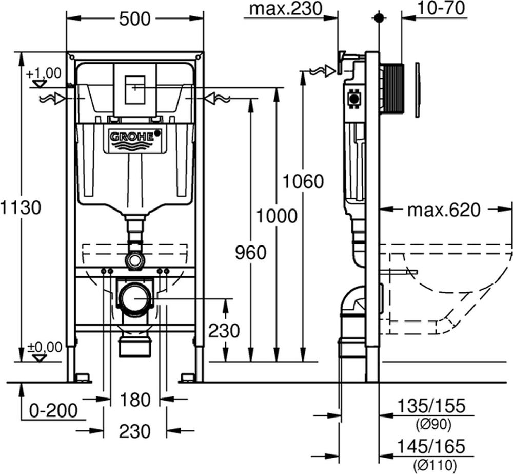 фото Инсталляция 4в1 GROHE "Rapid SL", для подвесного унитаза с кнопкой смыва "Skate Cosmopolitan" (38775001)