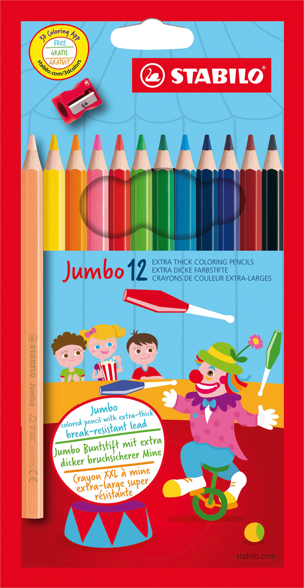 STABILO Набор цветных карандашей Jumbo утолщенные с точилкой 12 цветов STABILO Набор цветных карандашей Jumbo утолщенные с точилкой 12 цветов
