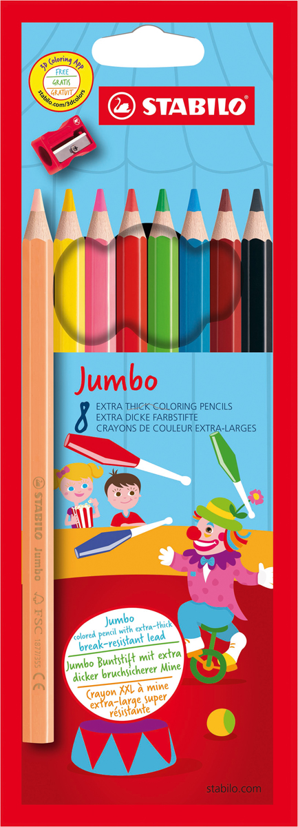 STABILO Набор цветных карандашей Jumbo утолщенные с точилкой 8 цветов STABILO Набор цветных карандашей Jumbo утолщенные с точилкой 8 цветов