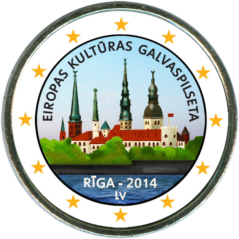 Монета номиналом 2 евро 2014 Латвия, Рига (цветная)