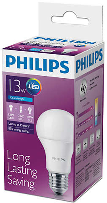 фото Лампа светодиодная Philips "LED bulb", цоколь E27, 13W, 6500K