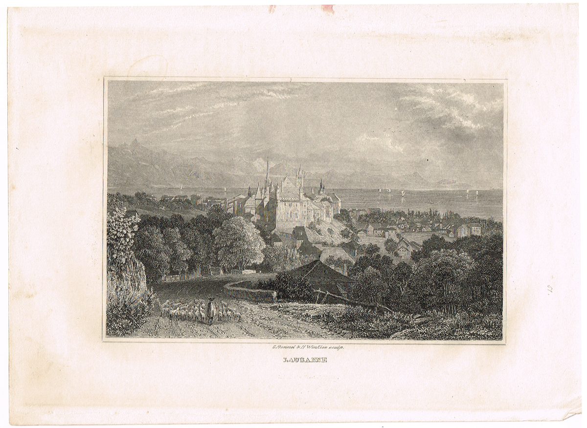 фото Вид на собор Лозанны со стороны гор, Швейцария - 3. Гравюра. Германия, Carlsruhe im Kunst-Verlag, 1835 год