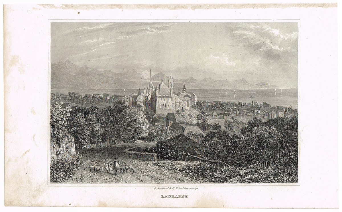 фото Вид на собор Лозанны со стороны гор, Швейцария - 5. Гравюра. Германия, Carlsruhe im Kunst-Verlag, 1835 год