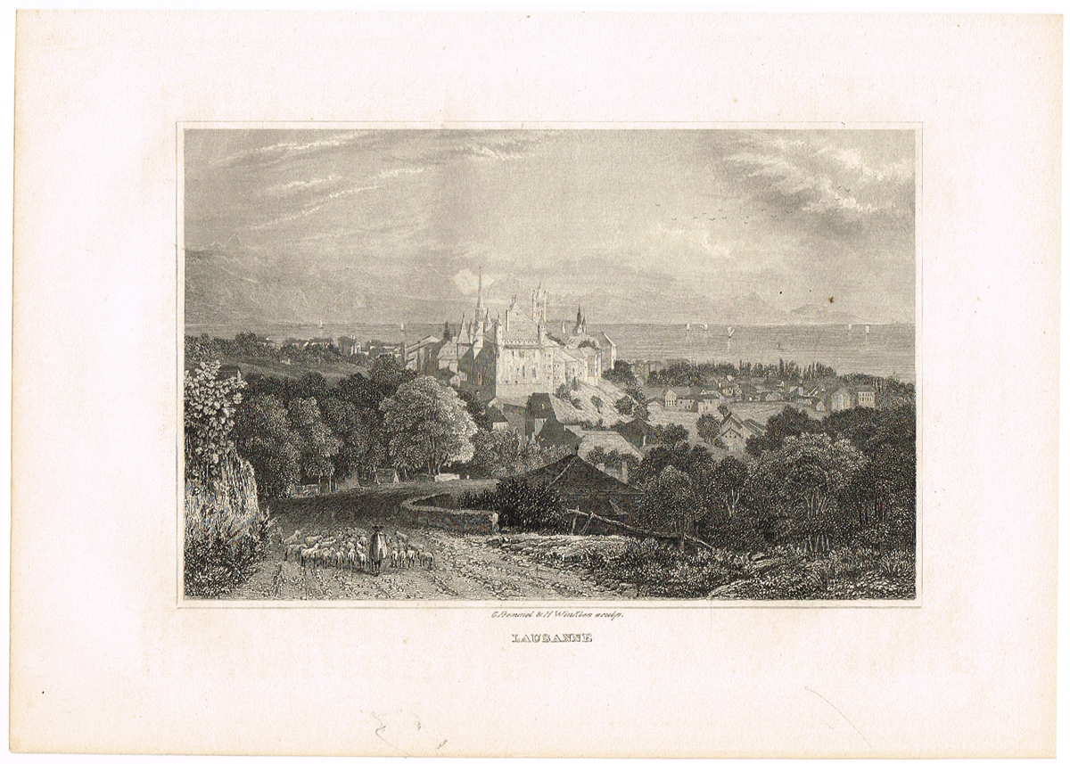 фото Вид на собор Лозанны со стороны гор, Швейцария - 6. Гравюра. Германия, Carlsruhe im Kunst-Verlag, 1835 год