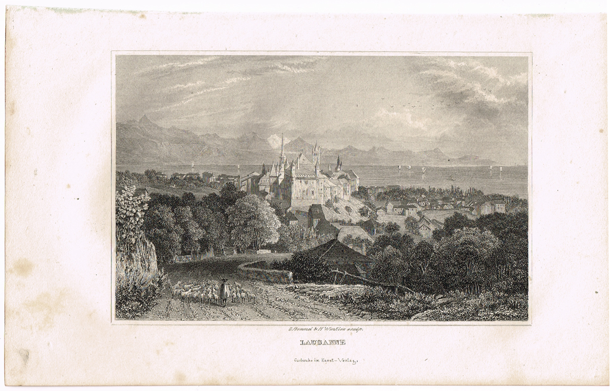 фото Вид на собор Лозанны со стороны гор, Швейцария - 7. Гравюра. Германия, Carlsruhe im Kunst-Verlag, 1835 год