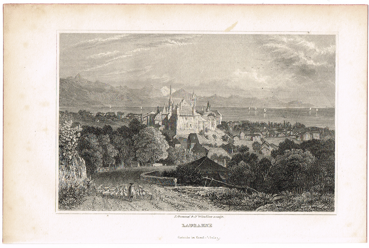 фото Вид на собор Лозанны со стороны гор, Швейцария - 9. Гравюра. Германия, Carlsruhe im Kunst-Verlag, 1835 год