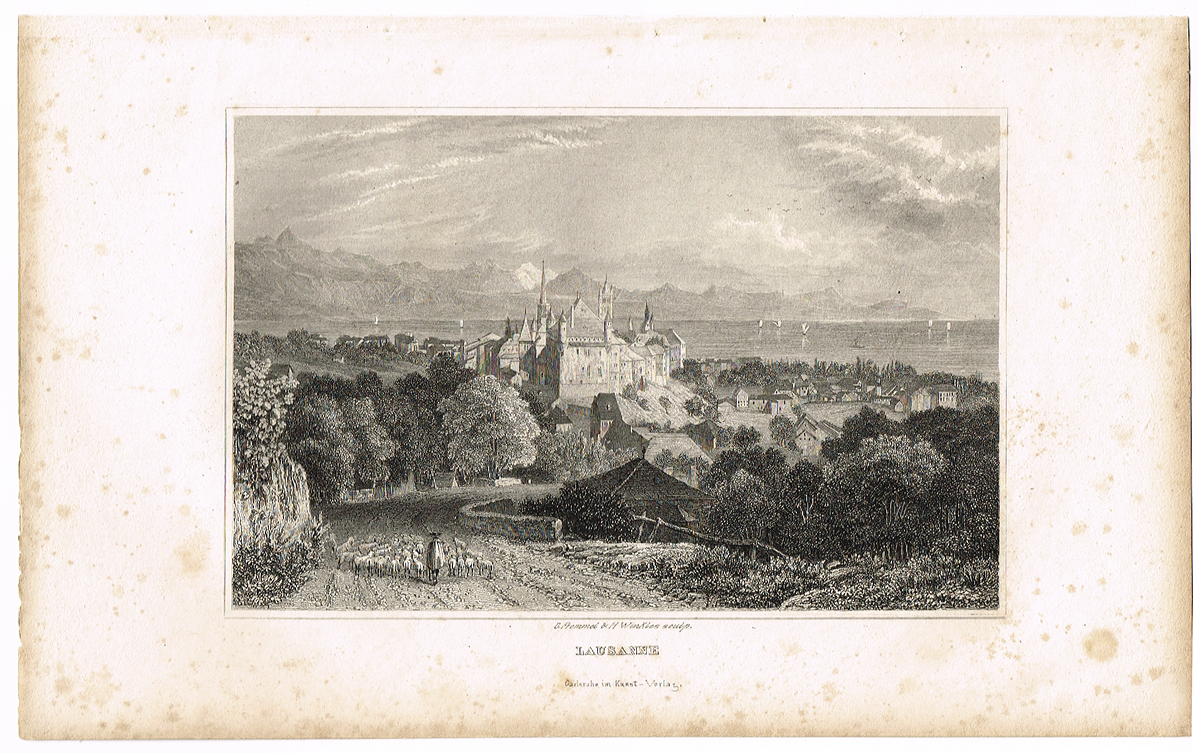 фото Вид на собор Лозанны со стороны гор, Швейцария - 11. Гравюра. Германия, Carlsruhe im Kunst-Verlag, 1835 год