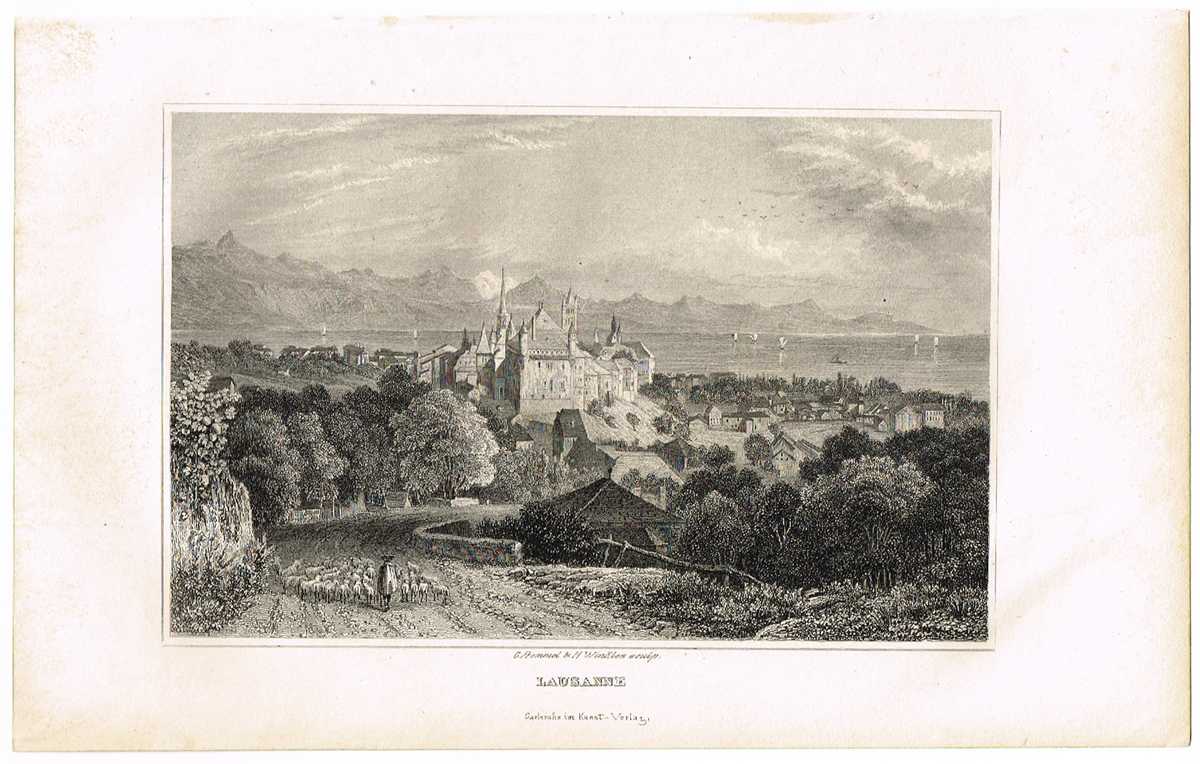 фото Вид на собор Лозанны со стороны гор, Швейцария - 16. Гравюра. Германия, Carlsruhe im Kunst-Verlag, 1835 год