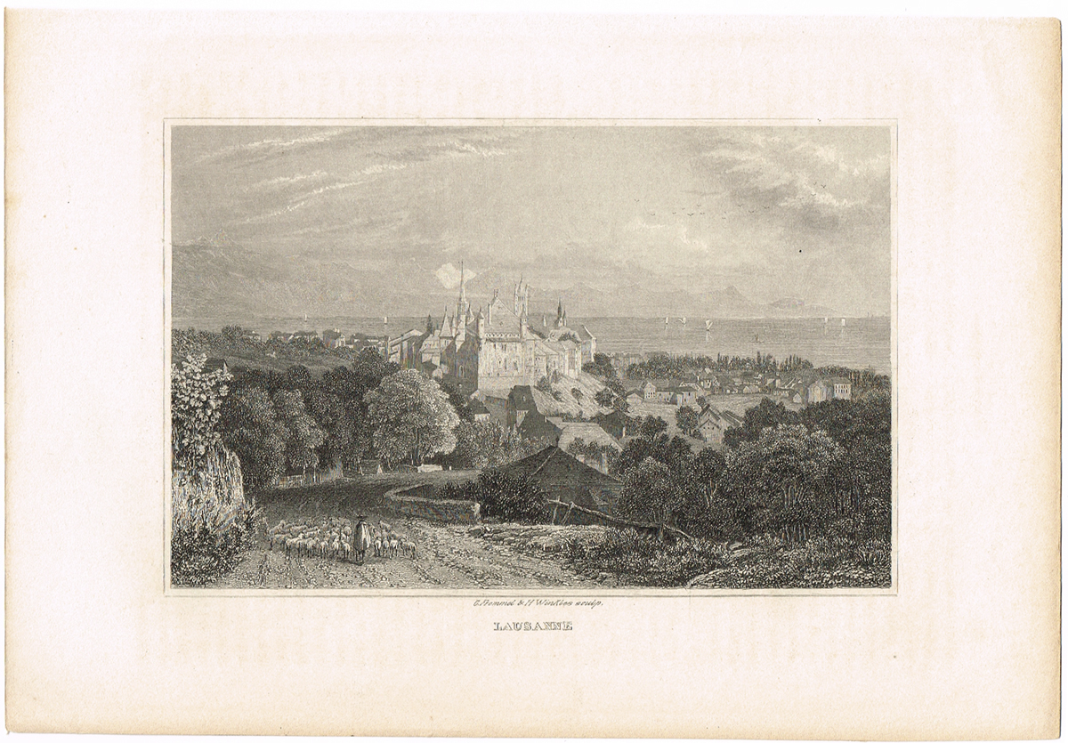 фото Вид на собор Лозанны со стороны гор, Швейцария - 19. Гравюра. Германия, Carlsruhe im Kunst-Verlag, 1835 год