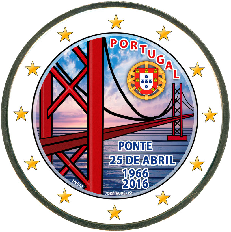 Монета номиналом 2 евро 2016 Португалия, Мост 25 апреля (цветная)
