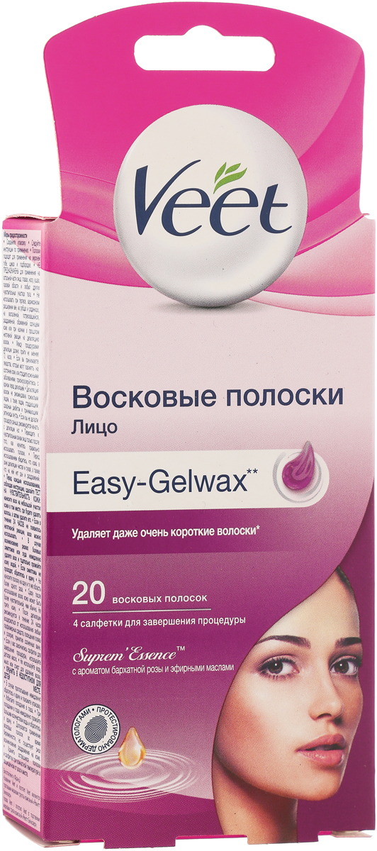 Veet Восковые полоски для чувствительных участков тела (лицо) с ароматом бархатной розы и эфирными маслами Easy Gel-Wax, 20 шт