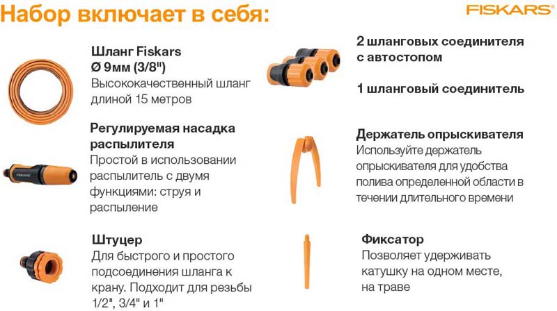 фото Катушка для шланга "Fiskars", со шлангом и набором аксессуаров, диаметр 9 мм, длина 15 м