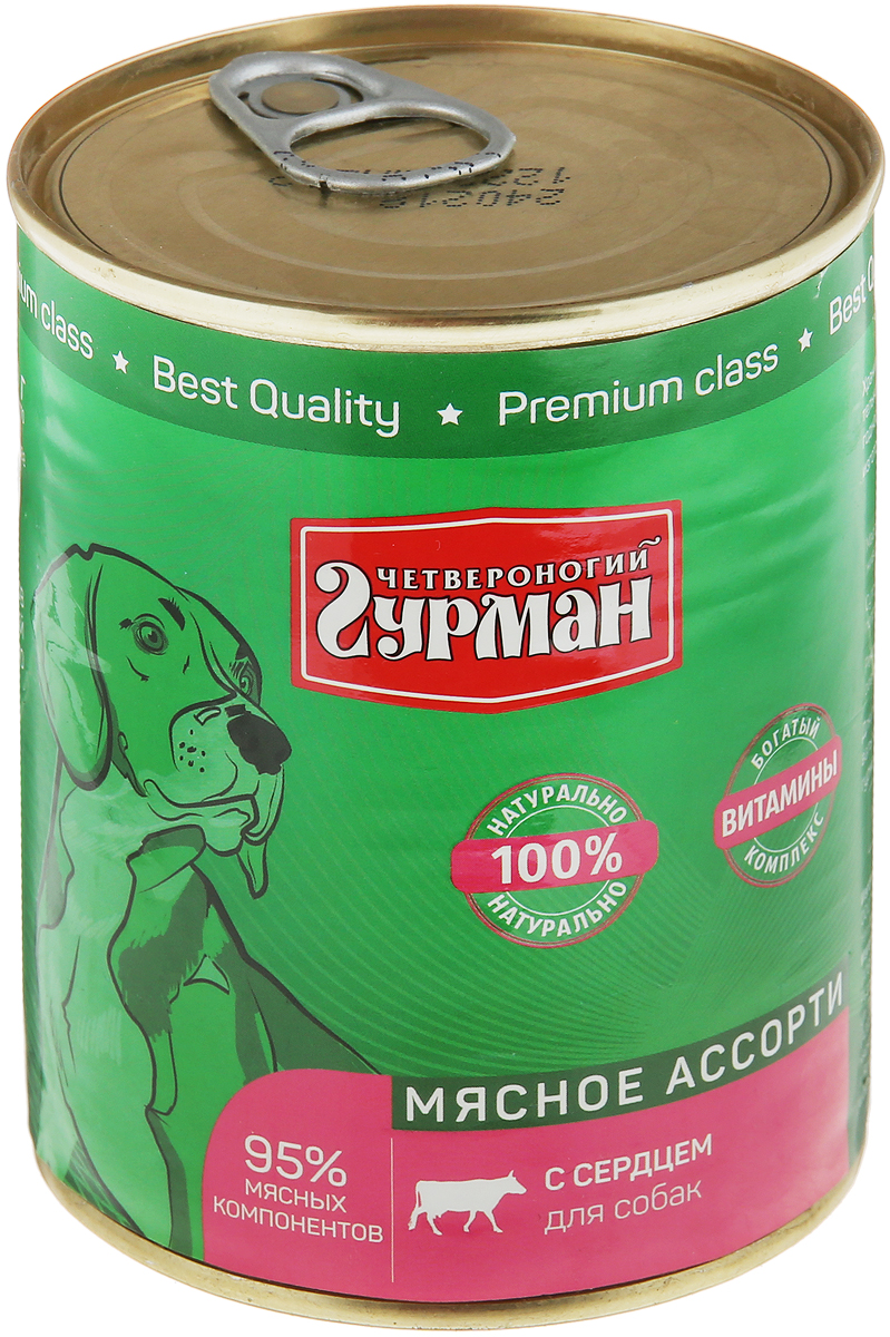 Консервы для собак Четвероногий гурман "Мясное ассорти", с сердцем, 340 ...