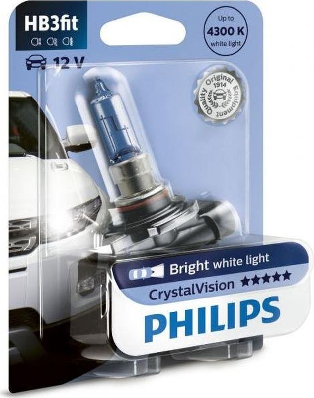 фото Лампа автомобильная галогенная Philips "CrystalVision", для фар, цоколь HB3FIT (P20d), 12V, 60W