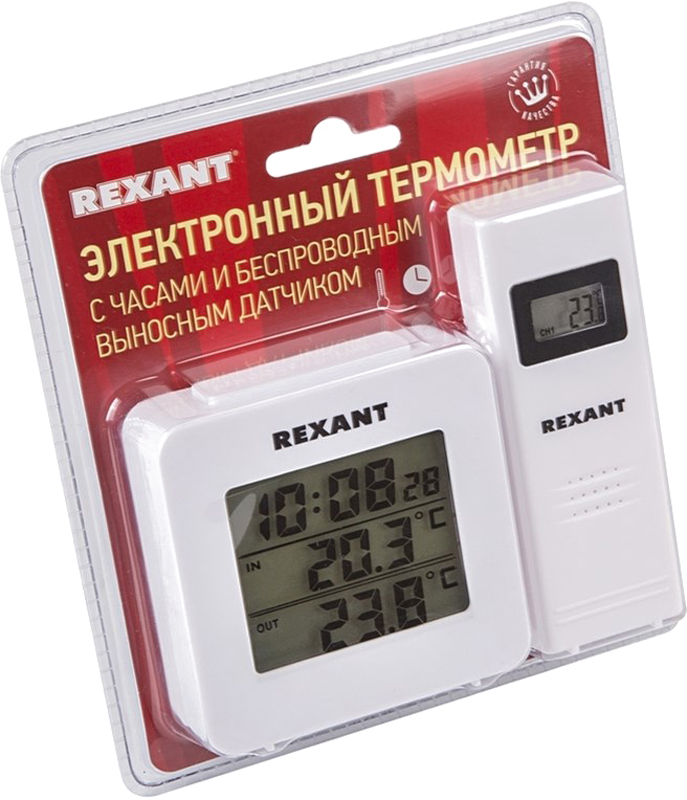 фото Rexant 70-0592 термометр с часами и беспроводным выносным датчиком