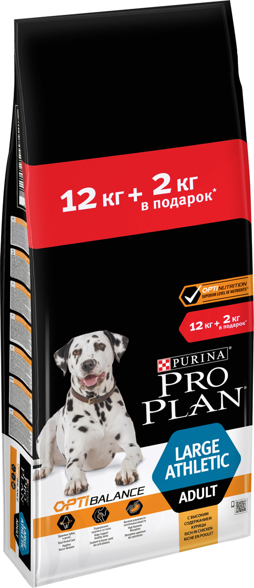 фото Сухой корм Pro Plan для взрослых собак крупных пород с атлетическим телосложением, с комплексом OPTIBALANCE®, с высоким содержанием курицы, 12 кг + 2 кг