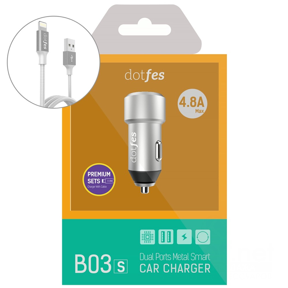 фото Автомобильное зарядное устройство Dotfes B03s 2xUSB, 4.8A + кабель Lightning, Silver