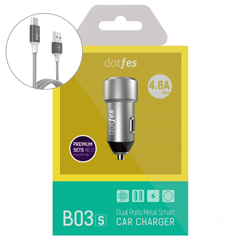 фото Автомобильное зарядное устройство Dotfes B03s Tarnish 2xUSB, 4.8A + кабель micro USB, Dark grey