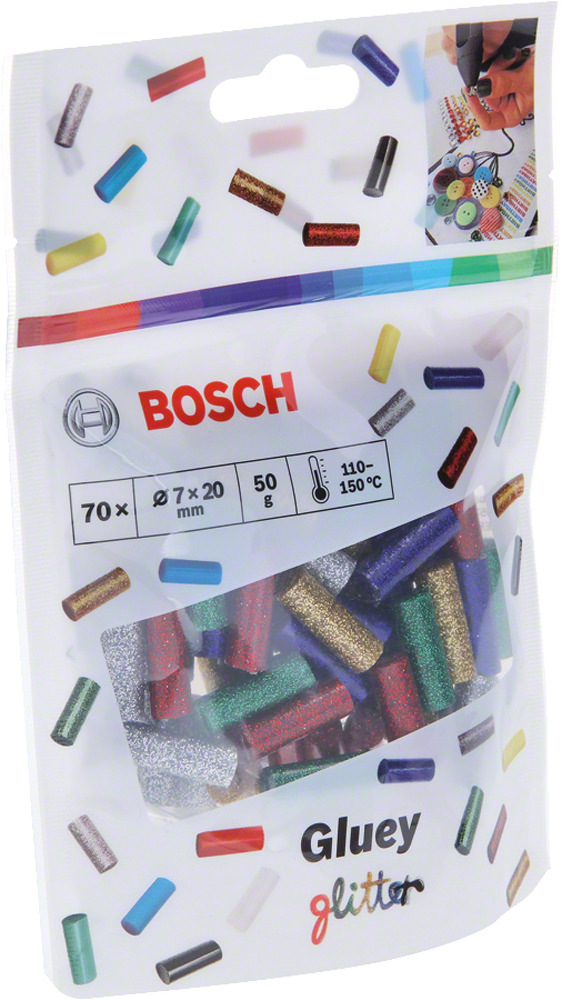 фото Стержень клеевой Bosch Gluey, с блестками, цвет: мультиколор, 70 шт