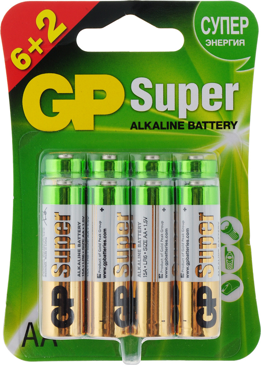 фото Батарейка алкалиновая GP Batteries, тип АА, 6 шт + ПОДАРОК: Батарейка алкалиновая GP Batteries, тип АА, 2 шт