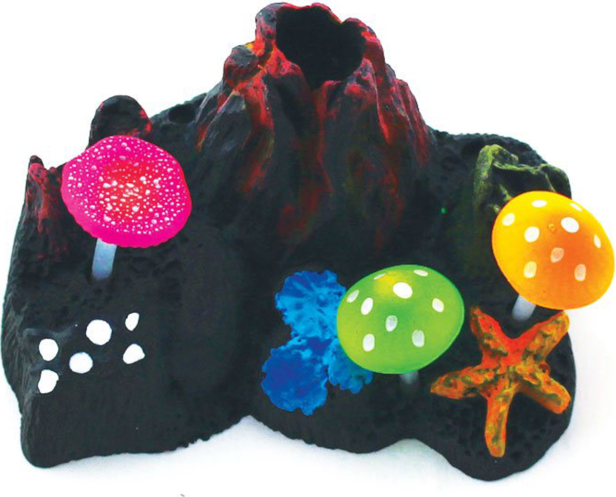 Декорация для аквариума Jelly-Fish "Вулкан подводный", с неоновым эффектом, 9 х 7 х 6,5 см