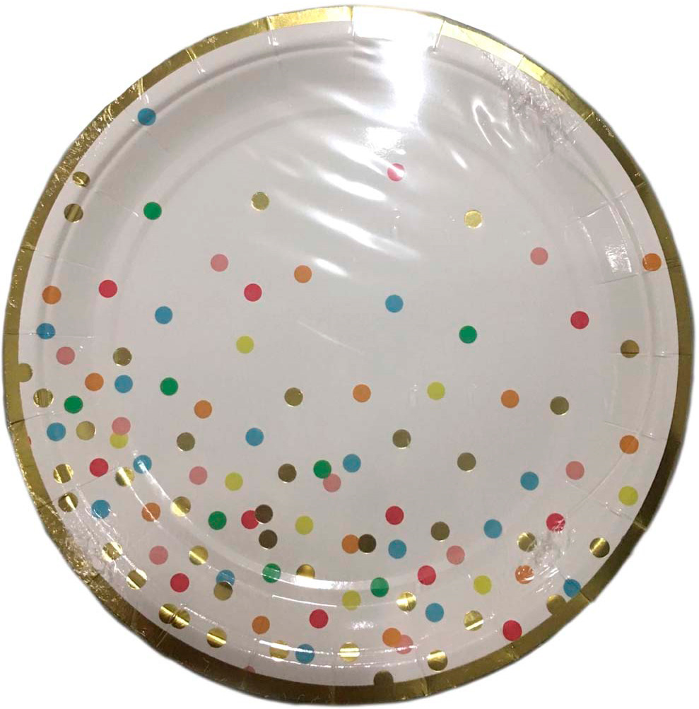 Тарелка Белая с разноцветными кружочками из ламинированного картона, диаметр 18 см, 6 шт в наборе / 1,8x18x18см арт.79293