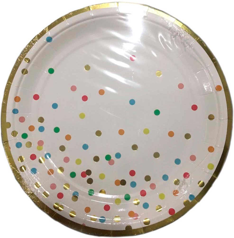 Тарелка Белая с разноцветными кружочками из ламинированного картона, диаметр 23 см, 6 шт в наборе / 1,8x23x23см арт.79294