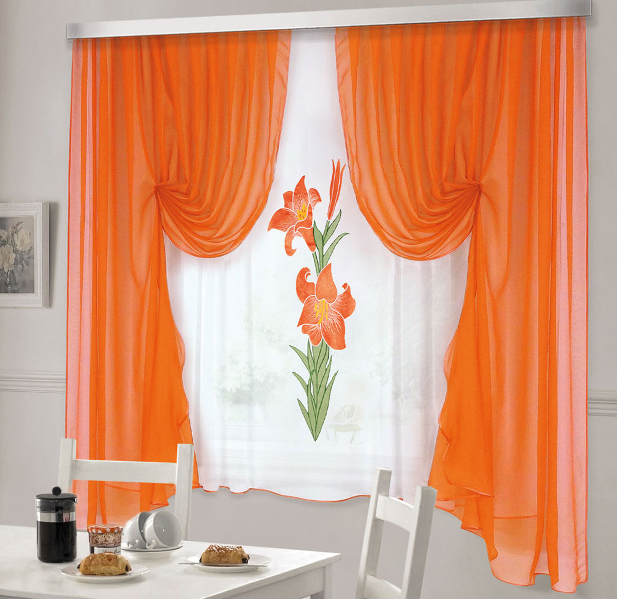 фото Комплект штор для кухни ТД Текстиль "Лилия", на ленте: 2 шторы 180 х 220 см, тюль 140 х 170 см, цвет: оранжевый, белый