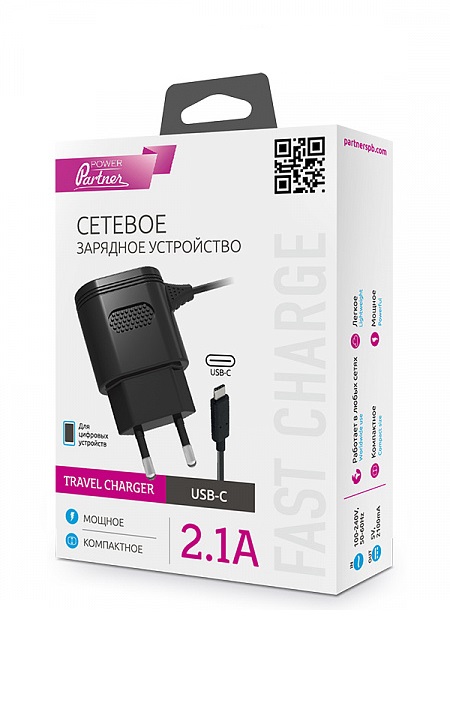 фото Сетевое зарядное устройство Partner, type-C, 2.1А, цвет: черный