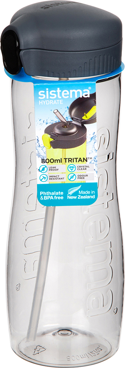 фото Бутылка для воды Sistema "Тритан", с трубочкой, цвет: черный, 800 мл