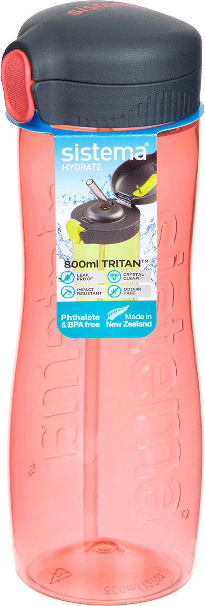 фото Бутылка для воды Sistema "Тритан", с трубочкой, цвет: оранжевый, 800 мл