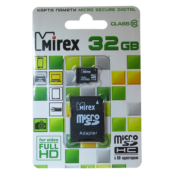 фото Карта памяти Mirex microSDHC Class 10 32GB + SD adapter