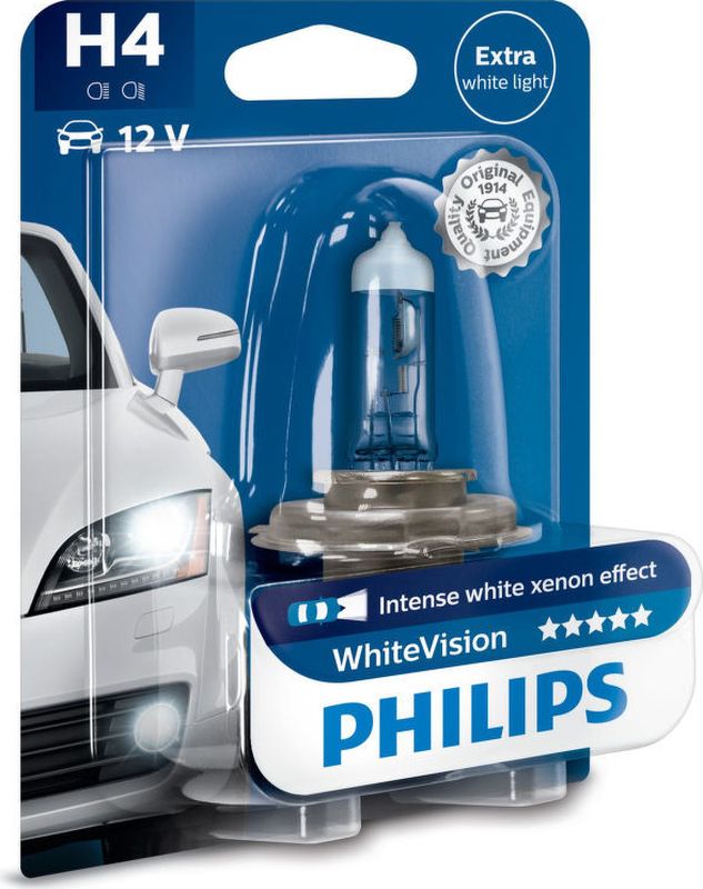 фото Лампа автомобильная галогенная Philips "WhiteVision", для фар, цоколь H4 (P43t), 12V, 60/55W