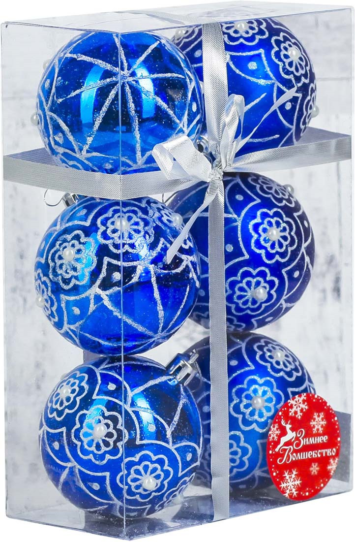 фото Набор елочных шаров "Цветочная россыпь", цвет: синий, диаметр 7 см, 6 шт Зимнее волшебство