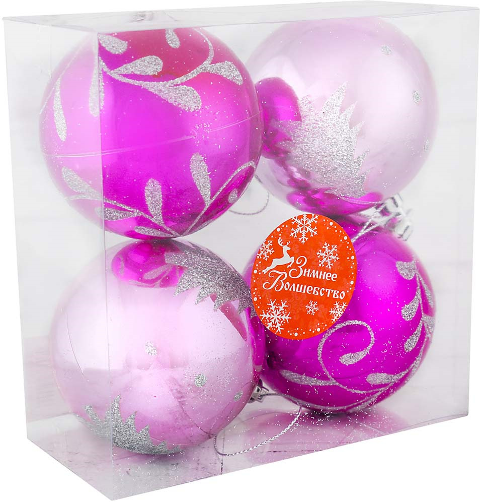фото Набор елочных шаров "Новогодний сюжет", цвет: розовый, диаметр 8 см, 4 шт Зимнее волшебство