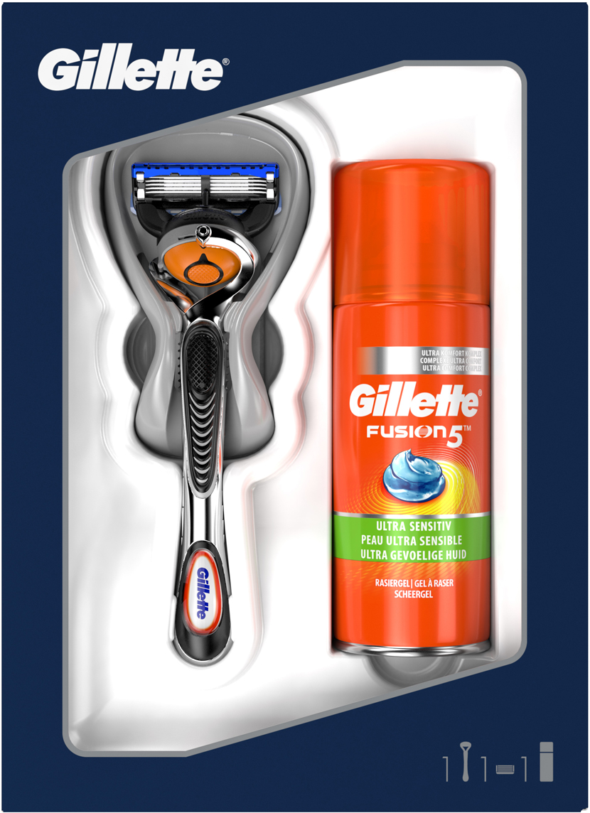 Подарочный набор Gillette Fusion5 ProGlide: Бритва, 1 кассета, Гель для бритья для чувствительной кожи, 75 мл