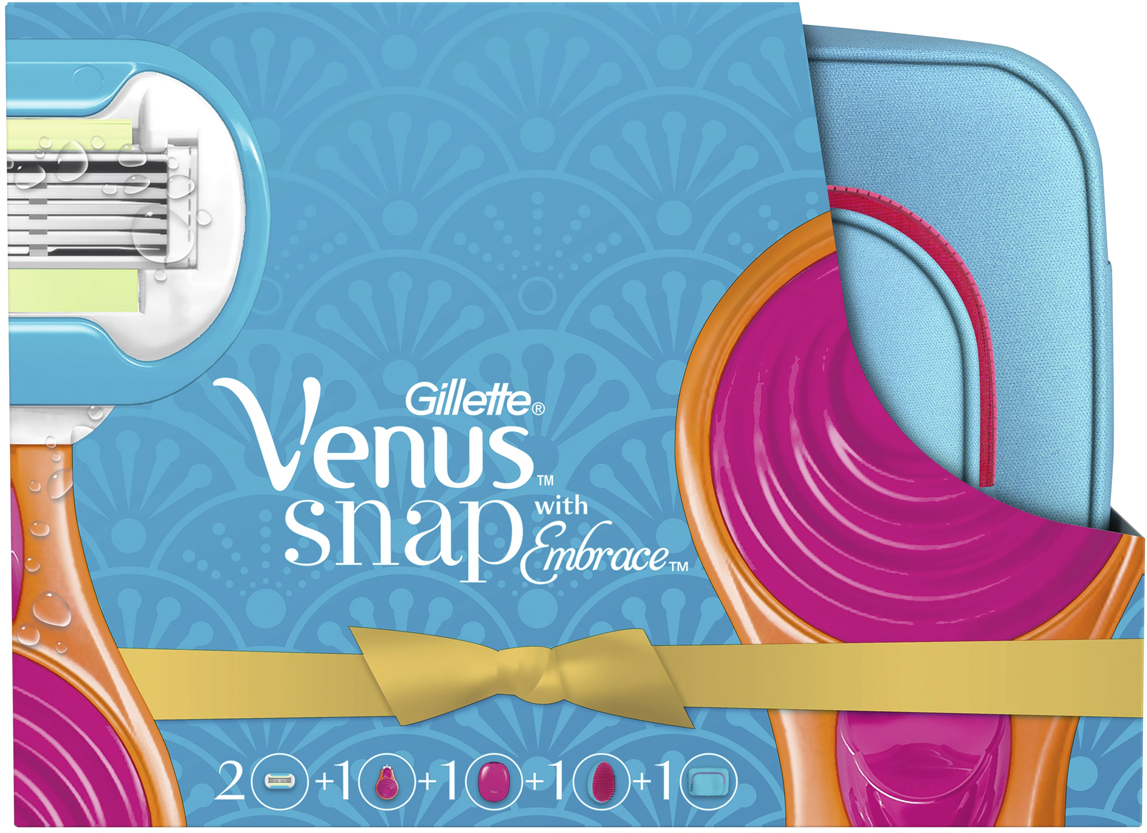 Подарочный набор Gillette Venus Snap Embrace: Компактная бритва, 2 сменные кассеты, Косметичка, Расческа