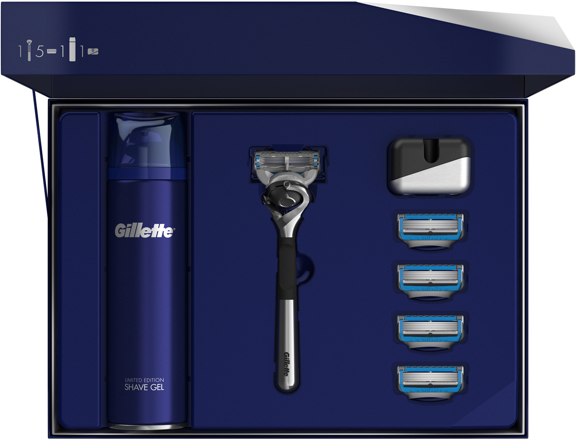 фото Подарочный набор Gillette Fusion5 ProShield Chill: Бритва, 5 сменных кассет, Гель для бритья, 200 мл, Подставка