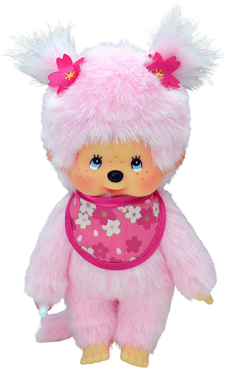 фото Мягкая игрушка Monchhichi "Девочка с розовой шерсткой в слюнявчике сакура", 20 см