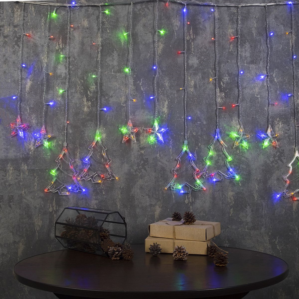 фото Гирлянда электрическая Luazon Lighting "Бахрома. Елки", нить прозрачная, цвет: разноцветный, 138 LED, 220 V, 8 режимов, 2,4 х 0,9 м