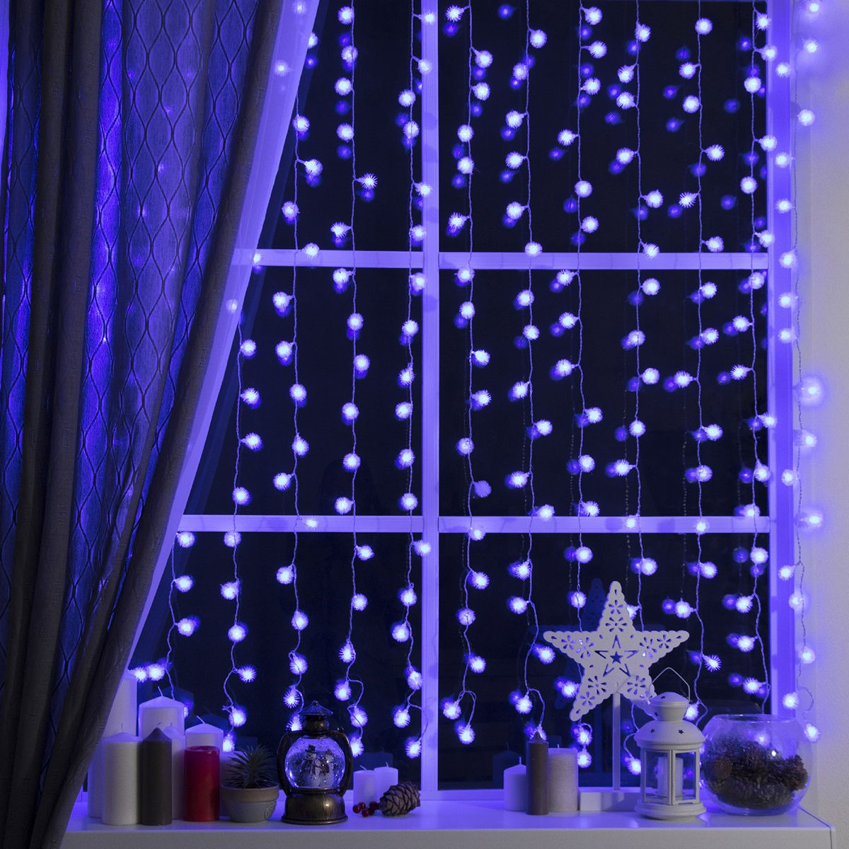 фото Гирлянда электрическая Luazon Lighting "Занавес. Ежики", нить прозрачная, цвет: синий, 360 LED, 220 V, 8 режимов, 2 х 1,5 м