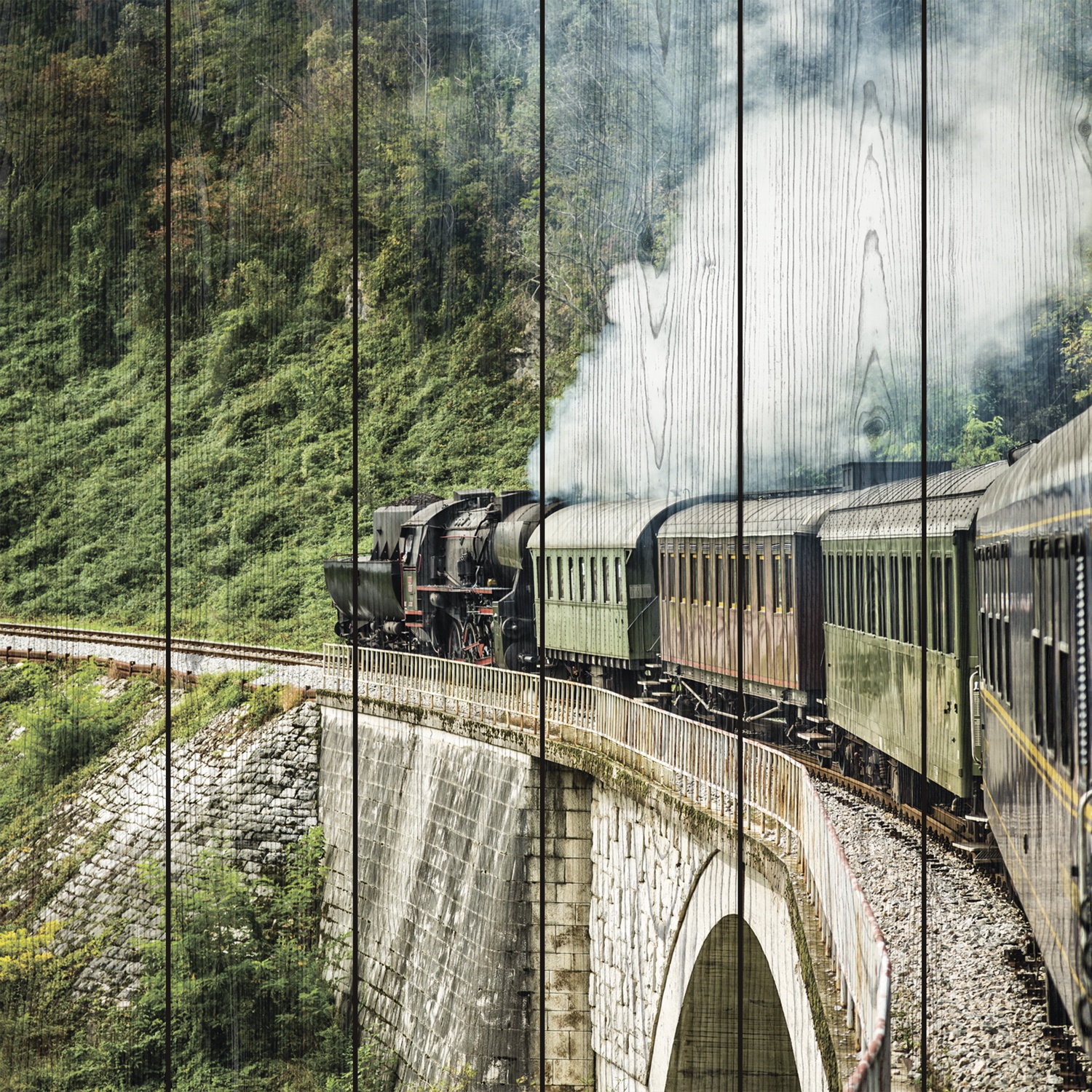 фото Картина на доске Экорамка "Поезд мост", 60 x 60 см