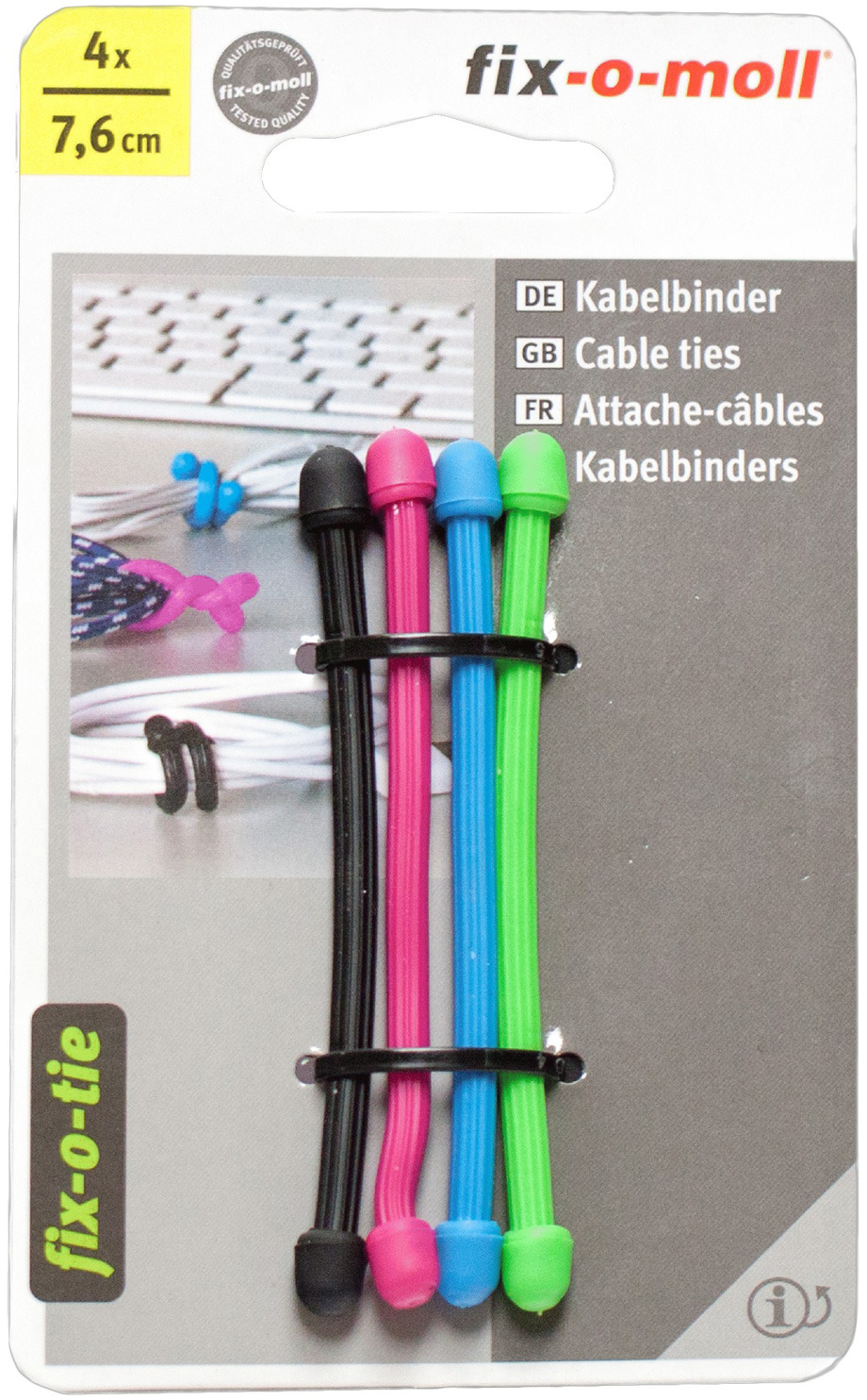 фото Cтяжка для кабеля Fix-o-moll, 7,6 см, цвет: черный, розовый, голубой, зеленый, 4 шт