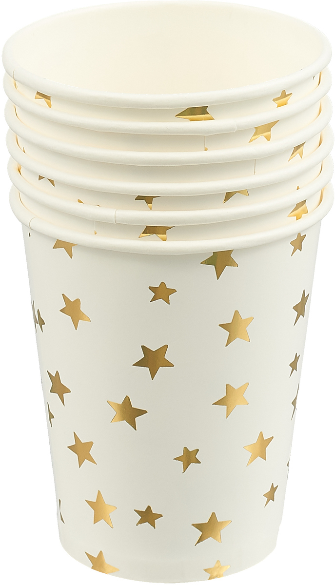 фото Стакан Белый с золотыми звездами из ламинированного картона, объем 250 мл, 6 шт в наборе / 7,8x7,8x12,8см арт.79291 Magic home