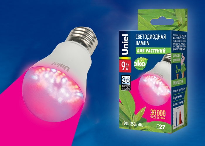 Светодиодная фито-лампа для растений Uniel LED-A60-9W/SP/E27/CL
